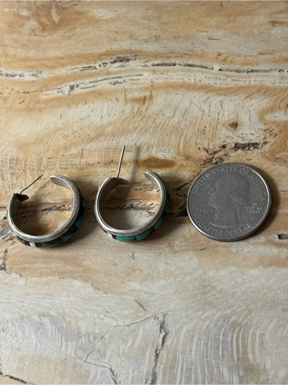 Sterling Silver Vintage Zuni Hoop Earrings with Turquoise, Coral & Black Inlay